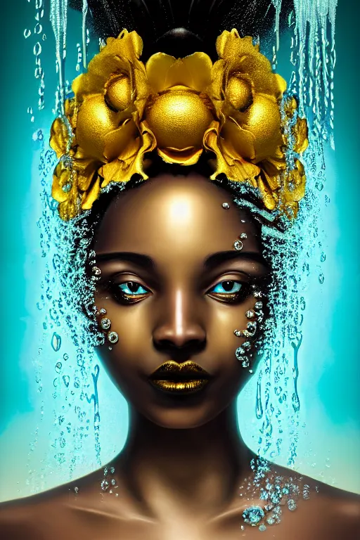 Prompt: hyperrealistic post rococo cinematic very expressive! black oshun goddess, open eyes, in water up to her shoulders, mirror dripping droplet!, gold flowers, highly detailed face, digital art masterpiece, smooth eric zener cam de leon dramatic pearlescent teal light, ground angle uhd 8 k, sharp focus