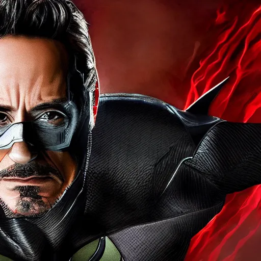 Image similar to robert downey jr in batman suit, portrait hd, without helmets, clear face, 4 k