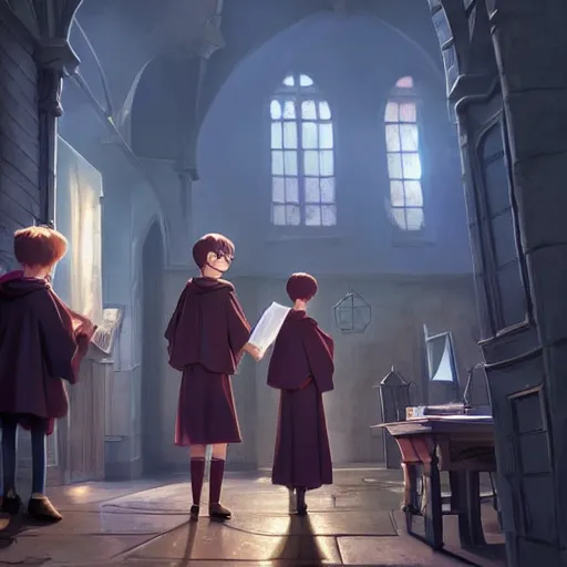 Image similar to a wholesome animation key shot of harry potter students, medium shot, studio pixar and disney animation, sharp, very detailed, high resolution, rendered in unreal engine 5, anime key art by greg rutkowski, bloom, dramatic lighting