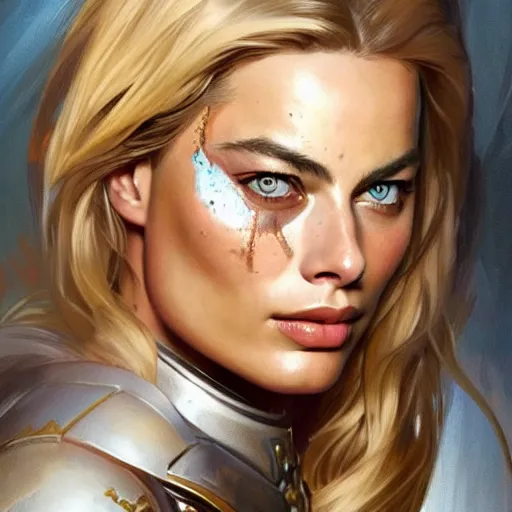 Prompt: Margot Robbie's face combined with Jennifer Anniston's face as a Space Marine, western, D&D, fantasy, intricate, elegant, highly detailed, digital painting, artstation, concept art, matte, sharp focus, illustration, art by Artgerm and Greg Rutkowski and Alphonse Mucha