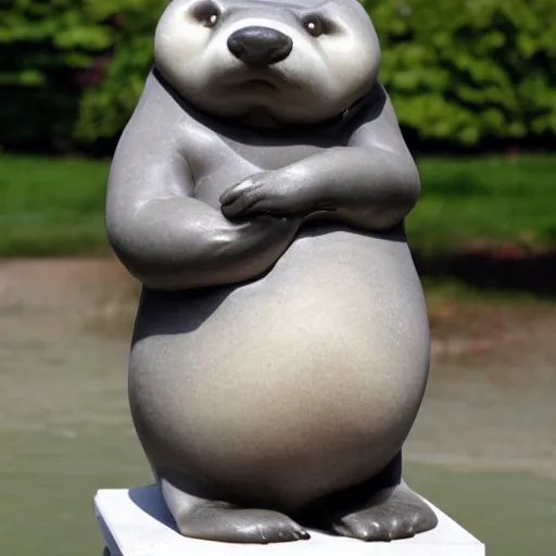 Prompt: marble sculpture of a fat otter holding a bag of groceries