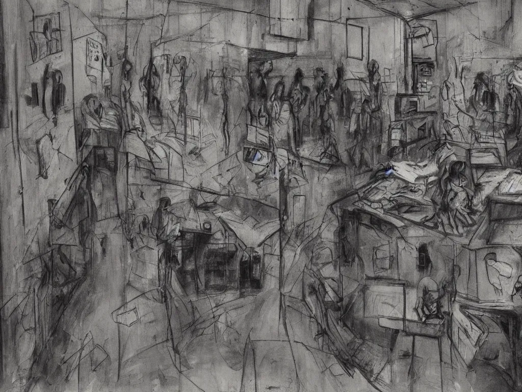 Image similar to “A spectral archive of an interrogation room in Guantanamo Bay detention center with military men and women facing, surrounding detainees, expressionist maleficent atmosphere, drawings on dirty walls, slack of papers, photographs hanging on a board, injustice, depredation, depravation, redacted, highly detailed, texturized, raw footage”