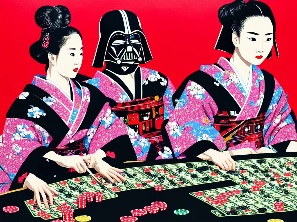 Image similar to hyperrealistic composition of the detailed woman in a japanese kimono sitting at a extremely detailed poker table with detailed darth vader, fireworks, mount fuji on the background, pop - art style, jacky tsai style, andy warhol style, acrylic on canvas