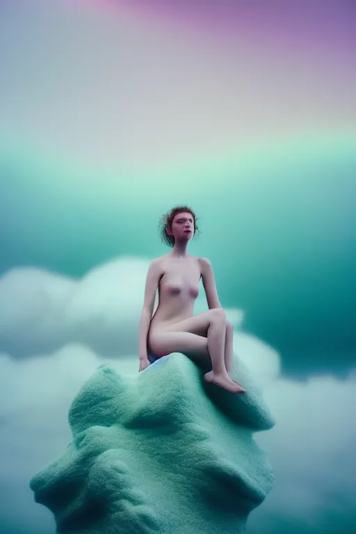 Image similar to high quality pastel coloured film close up wide angle photograph of a model wearing clothing swimming on cloud furniture in a icelandic black rock!! environment in a partially haze filled dreamstate world. three point light, rainbow. photographic production. art directed. pastel colours. volumetric clouds. pastel gradient overlay. waves glitch artefacts. extreme facial clarity. 8 k. filmic.