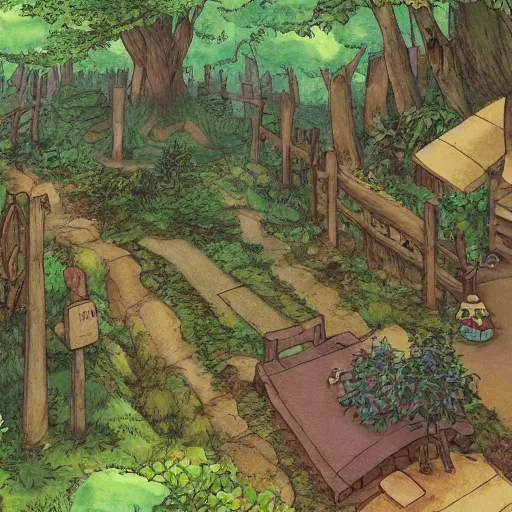 Image similar to a forrest mystical society and village, studio ghibli style