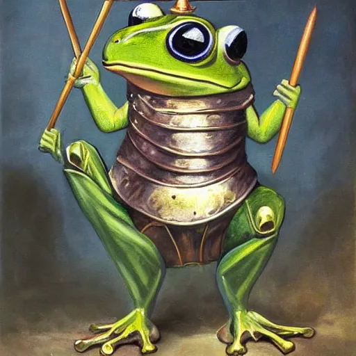 Image similar to frog wearing knight armor, painting