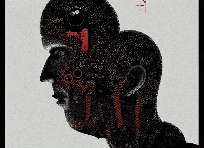 Prompt: is it man or a machine, colorful, illustration by mads berg and karolis strautniekas, small finely stippled light, dramatic lighting, fine texutre, editorial illustration, detailed, katsuhiro otomo, dynamic composition, moody, cinematic, film grain