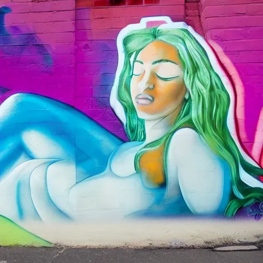 Prompt: This street art is a beautiful example of use of color and light. The street art depicts a woman reclining on a couch, with her head turned to the side and her eyes closed. The woman's body is bathed in a light, and her skin appears to glow. The artist has used a soft, delicate palette to create a sense of tranquility and serenity. The street art is elegant and graceful, and the woman's face is incredibly expressive. It is a truly beautiful street art. by Jack Gaughan tranquil