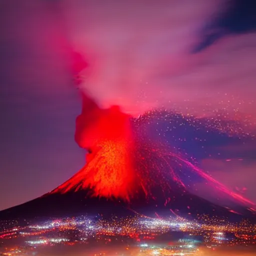 Prompt: erupting volcano surrounded by a sea of red glowing in the night