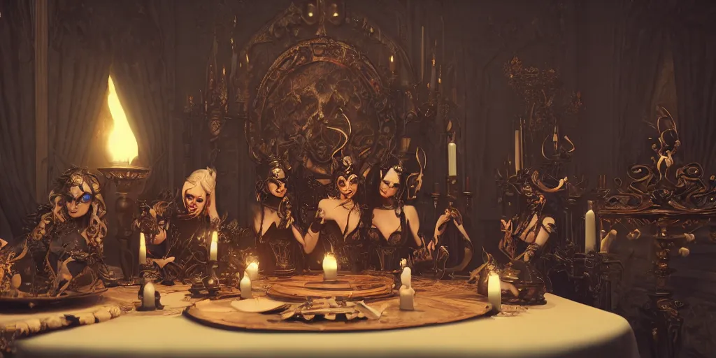 Image similar to dark witches sitting at a table doing a ritual. Ornate details, award winning. Octane render, 4k, 8k, unreal 5, very detailed, hyper control-realism, trending on artstation.”