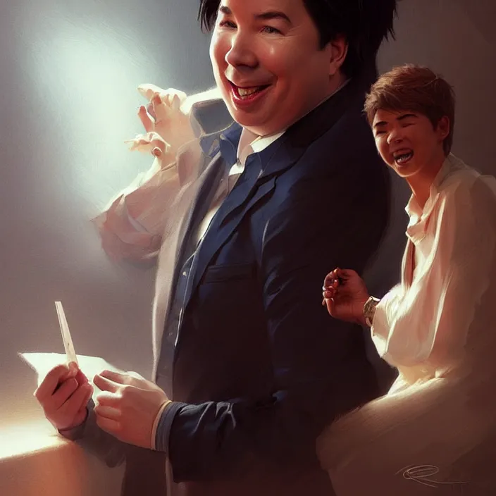 Image similar to michael mcintyre flirting with a singing waitressa, elegant, real life skin, intricate artwork, high detailed, artstation, concept art, smooth, sharp focus, art by artgerm and greg rutkowski