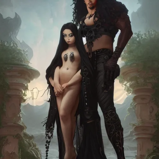 Image similar to a tall goth girl and a strong buff handsome man, family photo, cute, intricate, highly detailed, digital painting, artstation, concept art, smooth, sharp focus, illustration, unreal engine 5, 8 k, art by artgerm and greg rutkowski and alphonse mucha