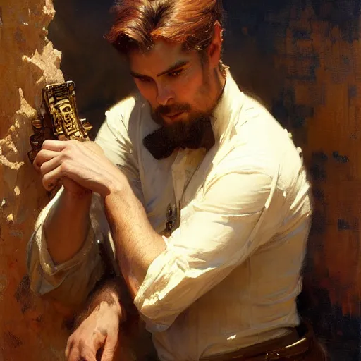 Prompt: stunning male builder, highly detailed painting by gaston bussiere, craig mullins, j. c. leyendecker, 8 k