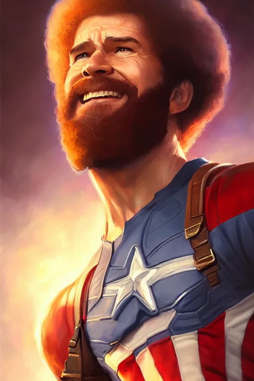 Image similar to bob ross as captain america, portrait, highly detailed, digital painting, artstation, concept art, smooth, sharp focus, illustration, cinematic lighting, art by artgerm and greg rutkowski and alphonse mucha