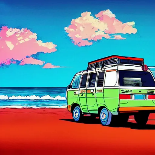 Image similar to campervan near the ocean, 80's anime style