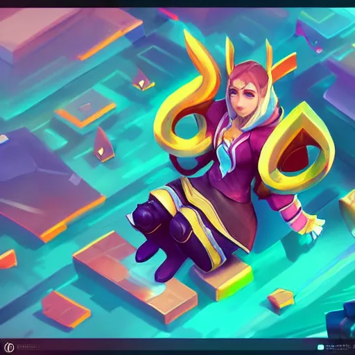 Prompt: Concept art of the new League of Legends Champion on Summoner's Rift, Isometric, Digital Painting, Bright Colors, Trending on Artstation, Character Reference Sheet