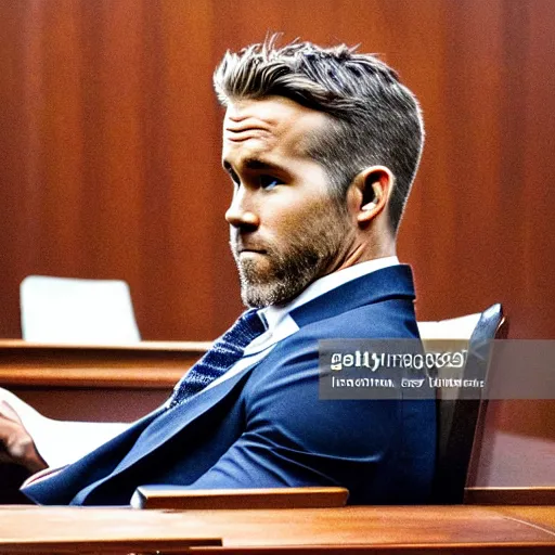 Prompt: news photo of ryan reynolds in courtroom on trial, lawyer sitting beside him, highly detailed, extremely high quality, hd, 4 k, 8 k, professional photographer, 4 0 mp, lifelike, top - rated, award winning, realistic, detailed lighting, detailed shadows, sharp, no blur, edited, corrected, trending