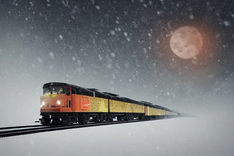 Prompt: an old locomotive rushing through snow storm in high speed, white steam on the side, dark smoke with fire from the pipes, dynamic angled shot, speed lines, fire particles and snowflakes everywhere, 8 k, hyperrealistic, ultra sharp, octane render, unreal engine, light breaks through the roofs, artstation, very detailed, 1 6 k, eerie moon eclipse cinematic scenery