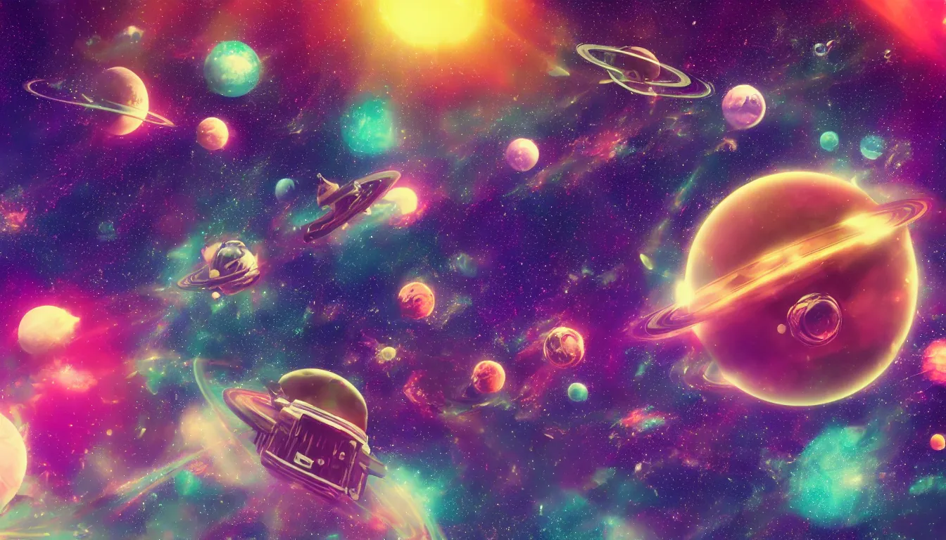 Image similar to spaceship in space with planets and nebulas, psychedelic, vaporwave