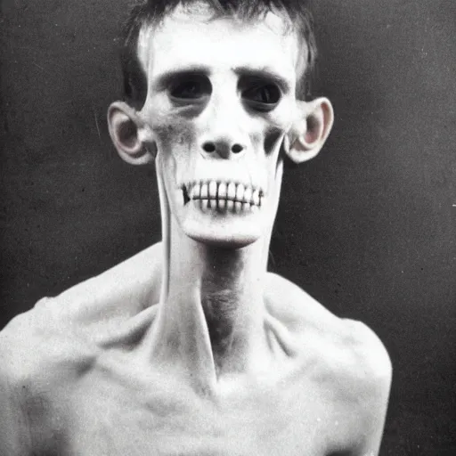 Image similar to horrifying, killer, creepy, dead, monster, tall, skinny, open mouth, old photo