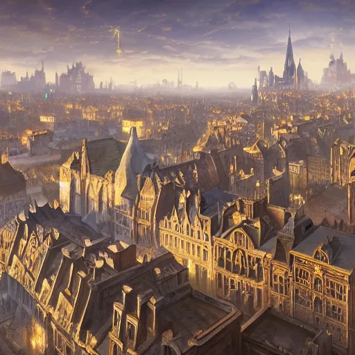 Image similar to an ultra detailed matte painting of the quaint capital city of galic, grid shaped city cobblestone streets, fantasy city, light snowfall, wind, inspiring gothic architecture, ultrawide lense, aerial photography, unreal engine, exquisite detail, 8 k, art by greg rutkowski and alphonse mucha