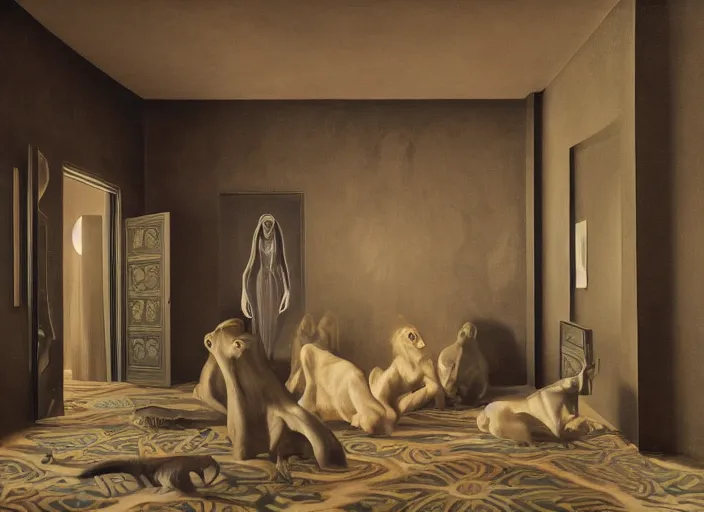 Prompt: group of creatures with distinct personalities, in an urban hotel room, several mirrors : : surreal architecture, chiaroscuro lighting, mysterious atmosphere : : oil painting by leonora carrington, hieronymus bosch and edward hopper, ultra - detailed technical precision : : matte painting, high definition, octane render, unreal engine, 8 k