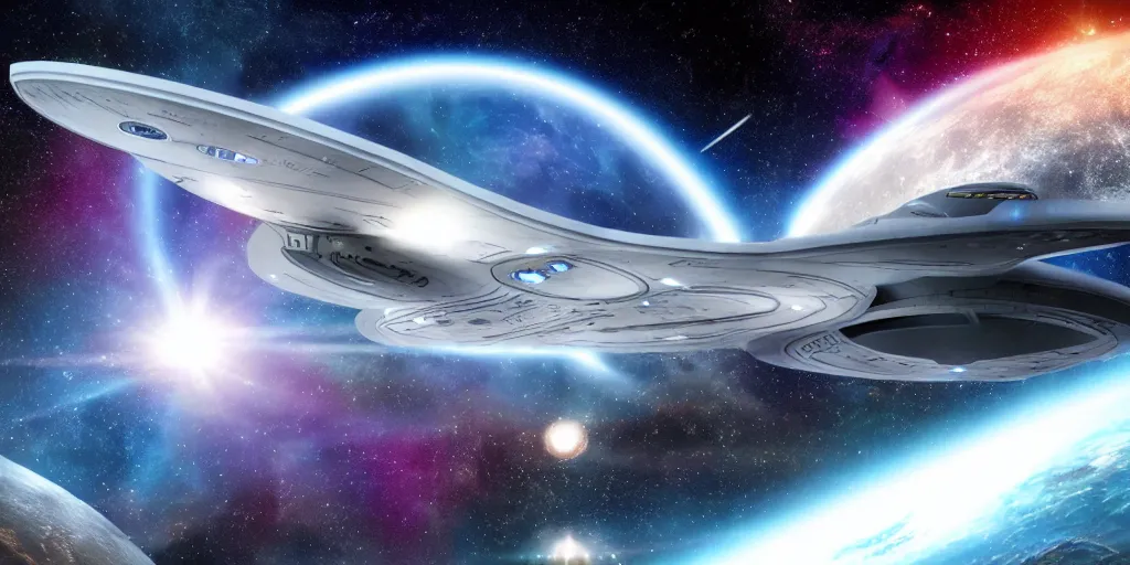 Image similar to scenic view of a Star Trek Enterprise spaceship flying in a starry outer space, realistic epic image