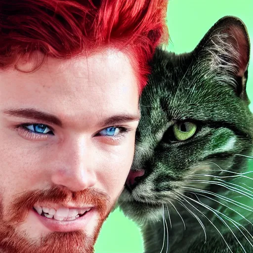 Image similar to professional digital art of a fit man with red hair and green cat - like eyes, popular, famous, attractive, high quality, highly detailed, hd, 4 k, 8 k,