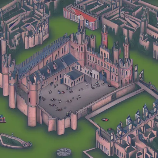 Image similar to an isometric view of crowded medieval castle in the middle of england, illustration, art, hyper detailed, foggy, cinematic