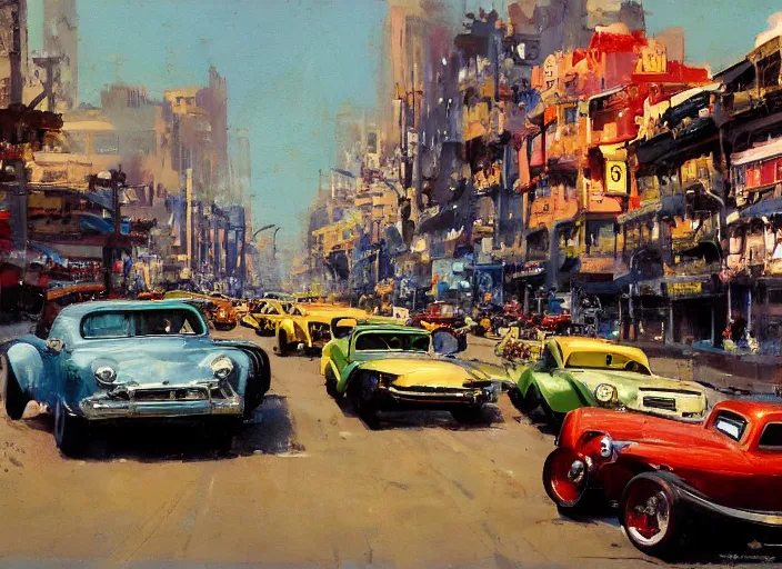 Image similar to hotrods driving down a street , vintage, highly detailed, 4K, by John Berkey