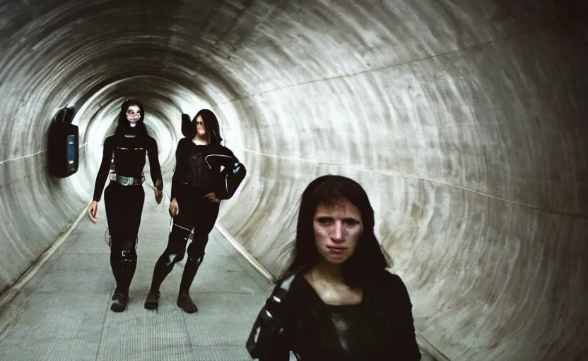 Image similar to cinestill 5 0 d photographic portrait by helen levitt of two loving female cyborgs wearing black waist cutout techwear in a retrofuturist liminal tunnel underground, extreme closeup, modern cyberpunk, dust storm, 8 k, hd, high resolution, 3 5 mm, f / 3 2, ultra realistic faces, intricate detail, ex machina