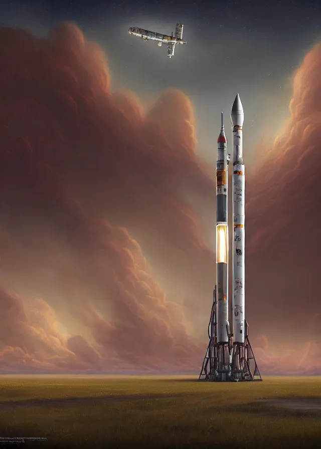 Image similar to epic professional digital art of complex heavy vertical rocket with side boosters, on launch pad, at takeoff, ambient light, painted,, cinematic, detailed, grand, leesha hannigan, wayne haag, reyna rochin, ignacio fernandez rios, mark ryden, van herpen, artstation, cgsociety, epic, stunning, gorgeous, wow wow detail