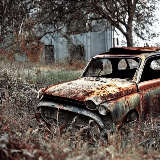 Prompt: rusty car in an abandoned lot