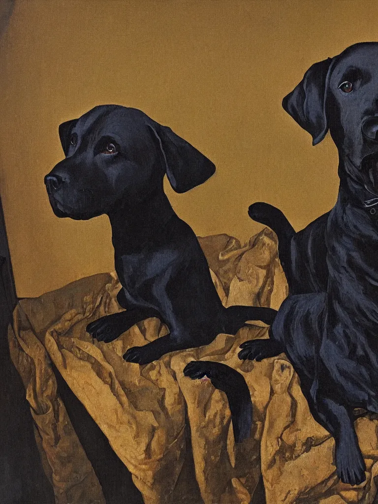 Prompt: oil painting of black labrador retriever with a paisley background, oil on canvas, museum art, johannes vermeer