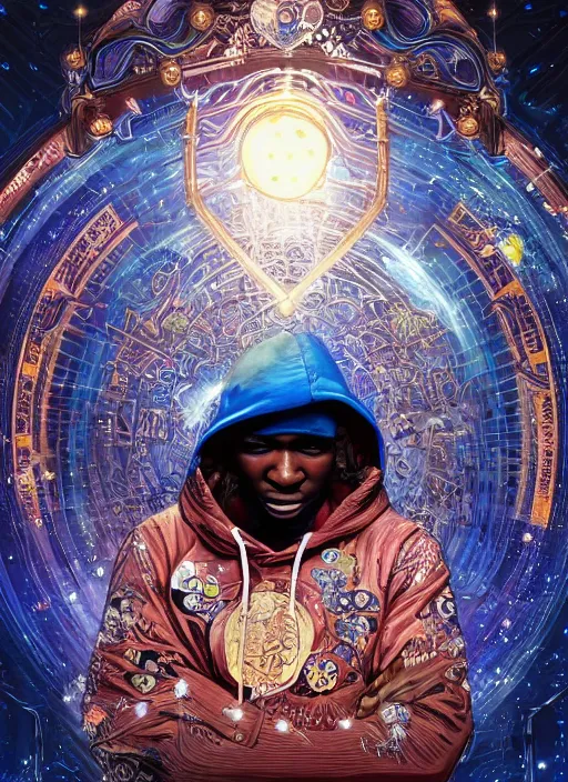 Prompt: grand master flash wearing blue hoodie, surrounded by starlight, moon behind, chinese fantasy, intricate complexity, elegant, hyper detailed, scattered diffusion, ultra definition, photoreal, artstation, unreal engine rendered, concept art, smooth, sharp focus, illustration, art by artgerm and alphonse mucha and garis edelweiss