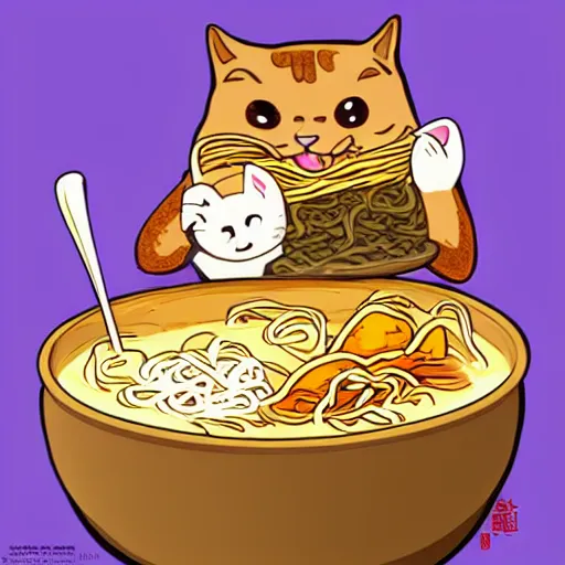 Image similar to fat cat eating ramen noodles on toast, japanese art artstation trending