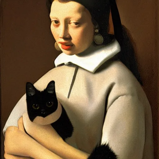Prompt: protrait by vermeer of a lady holding a black cat