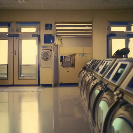 Image similar to a beautiful photo of an astronaut waiting in a laundromat, 1970', soft light, morning light, photorealistic, realistic, octane, 8k, cinematic shot