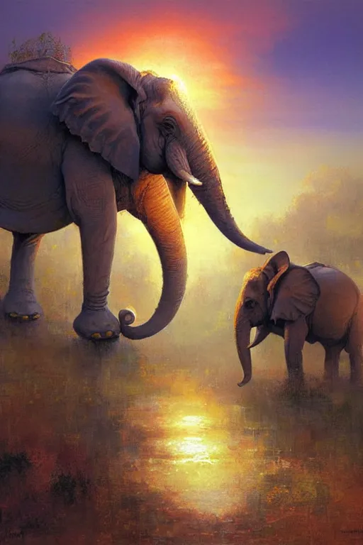 Prompt: spiritual twin flame elephant art, sunset hue, highly detailed, oil painting hue, by craig mullins