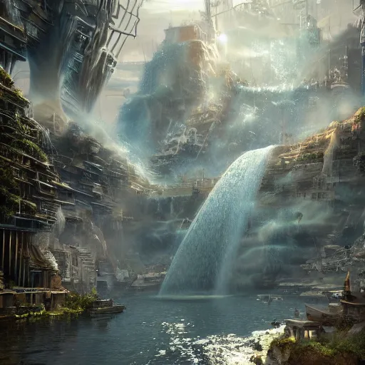 Image similar to an intricate sailpunk city a waterfall, high definition, detailed, 8 k, octane, morning light, volumetric light, artstation, deviantsrt