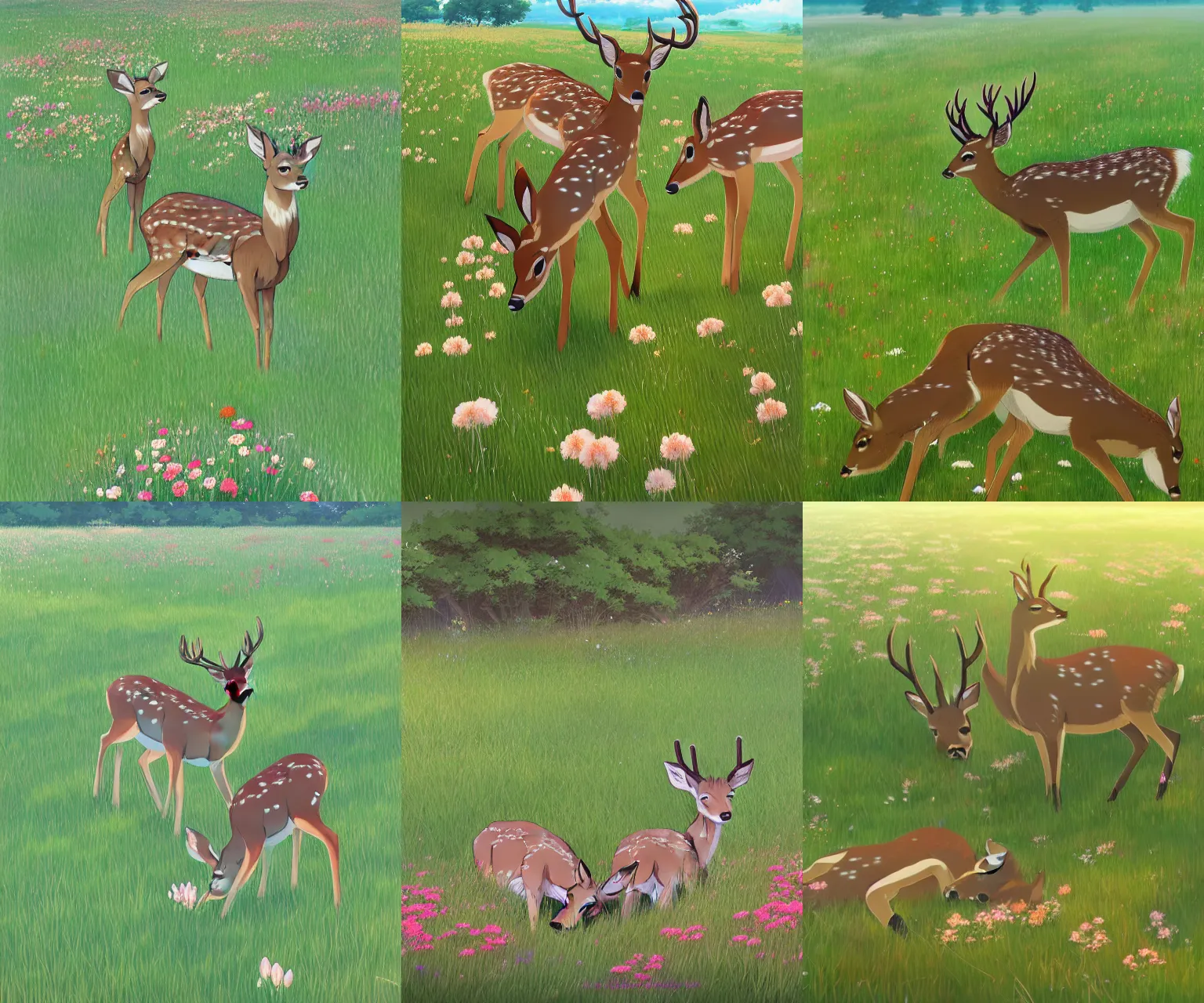 Prompt: two deer nuzzling each other in a field of flowers, art by Makoto Shinkai