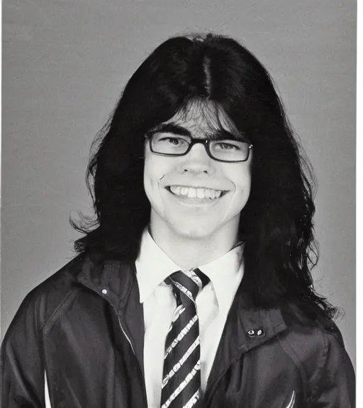 Image similar to 1 9 8 0 s highschool guy with long black hair, sports bomber jack, popular, yearbook photo