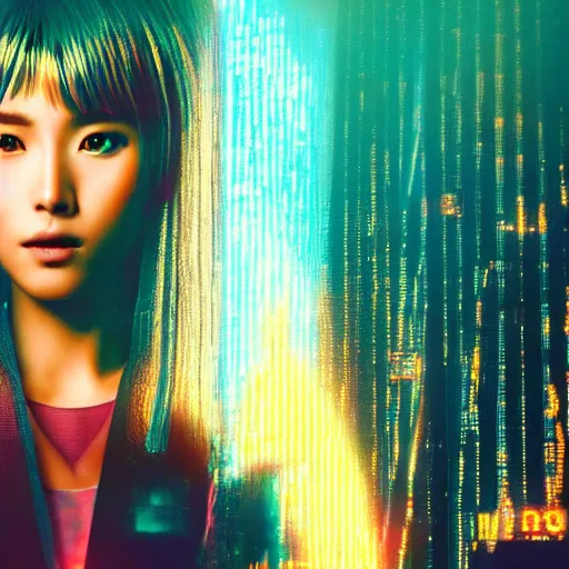Prompt: Giant hologram of Hatsune miki in blade runner 2049, stunning, japanese anime cyberpunk style
