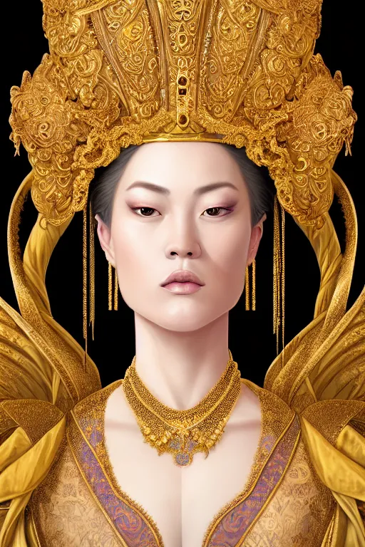 Image similar to a beautiful empress portrait, with a brilliant, impossible striking shiny big gold headpiece, gold clothes, rococo, baroque, jewels, asian, realistic, closeup, D&D, fantasy, intricate, elegant, highly detailed, digital painting, artstation, octane render, 8k, concept art, matte, sharp focus, illustration, art by Artgerm and Greg Rutkowski and Alphonse Mucha