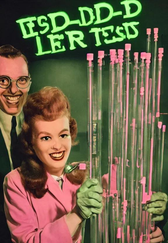 Image similar to A female mad scientist smiling in a darkly lit laboratory field with test tubes, constructing a partially-built realistic robotic man in a suit, 1950s horror film movie poster style, retro vintage, saturated pink and green lighting