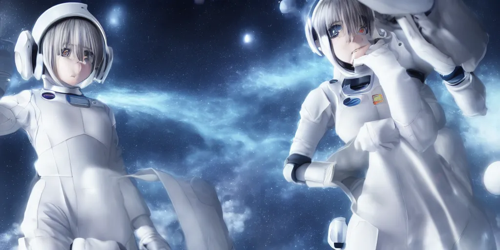 Prompt: High resolution photo of an anime girl in a white futuristic spacesuit in awe at the beauty of the universe, 4k/8k, Cinematic Movie Photograph, Cinematic Lighting, Artstation, space, galaxy, stars, vivid colours