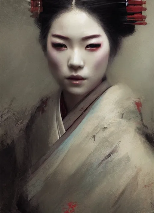 Image similar to female geisha girl, beautiful face, rule of thirds, intricate outfit, spotlight, by greg rutkowski, by jeremy mann