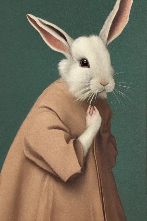 Prompt: silly hierronymus bosch oil painting portrait of a bunny in a coat. muted colour palette