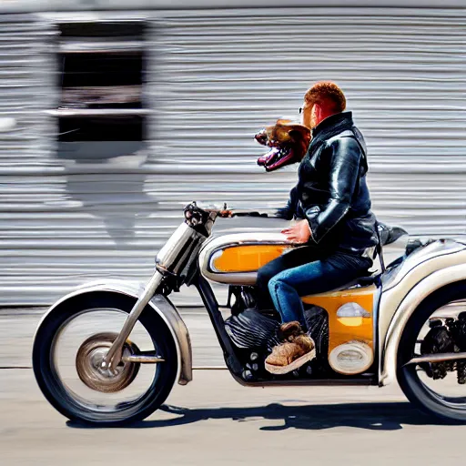 Image similar to blue heeler dog on a motorcycle, 8 k photography, blurred background of a wafflehouse