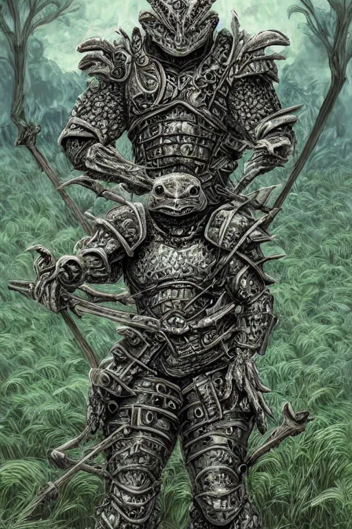 Image similar to humanoid toad warrior, wearing armour, swamp, symmetrical, highly detailed, digital art, sharp focus, trending on art station, kentaro miura manga art style